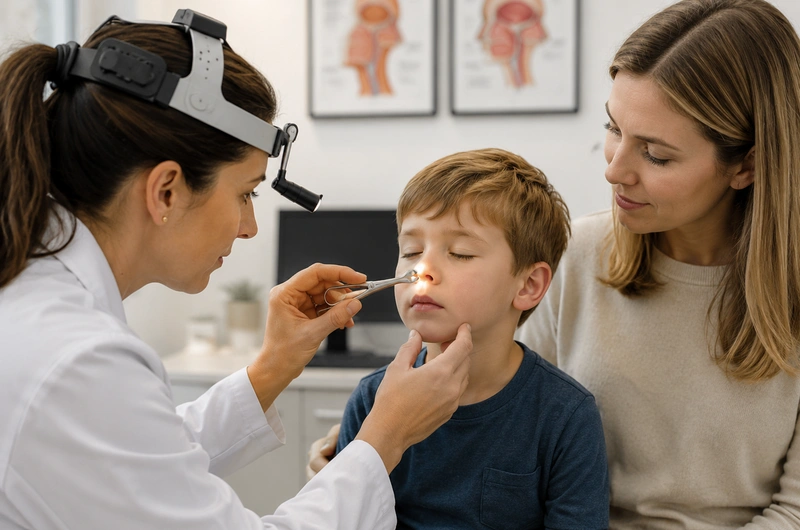 Criança em avaliação otorrinolaringológica para investigar adenoide aumentada e possível indicação de cirurgia de adenoide.