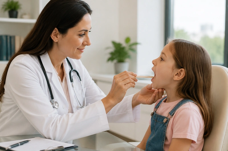 Médica otorrinolaringologista conversando com paciente durante avaliação de ouvido, nariz e garganta