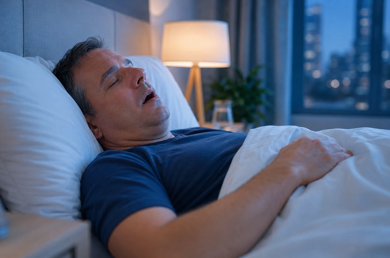 Pessoa dormindo na cama com desconforto respiratório, representando a busca por entender se o ronco é normal.